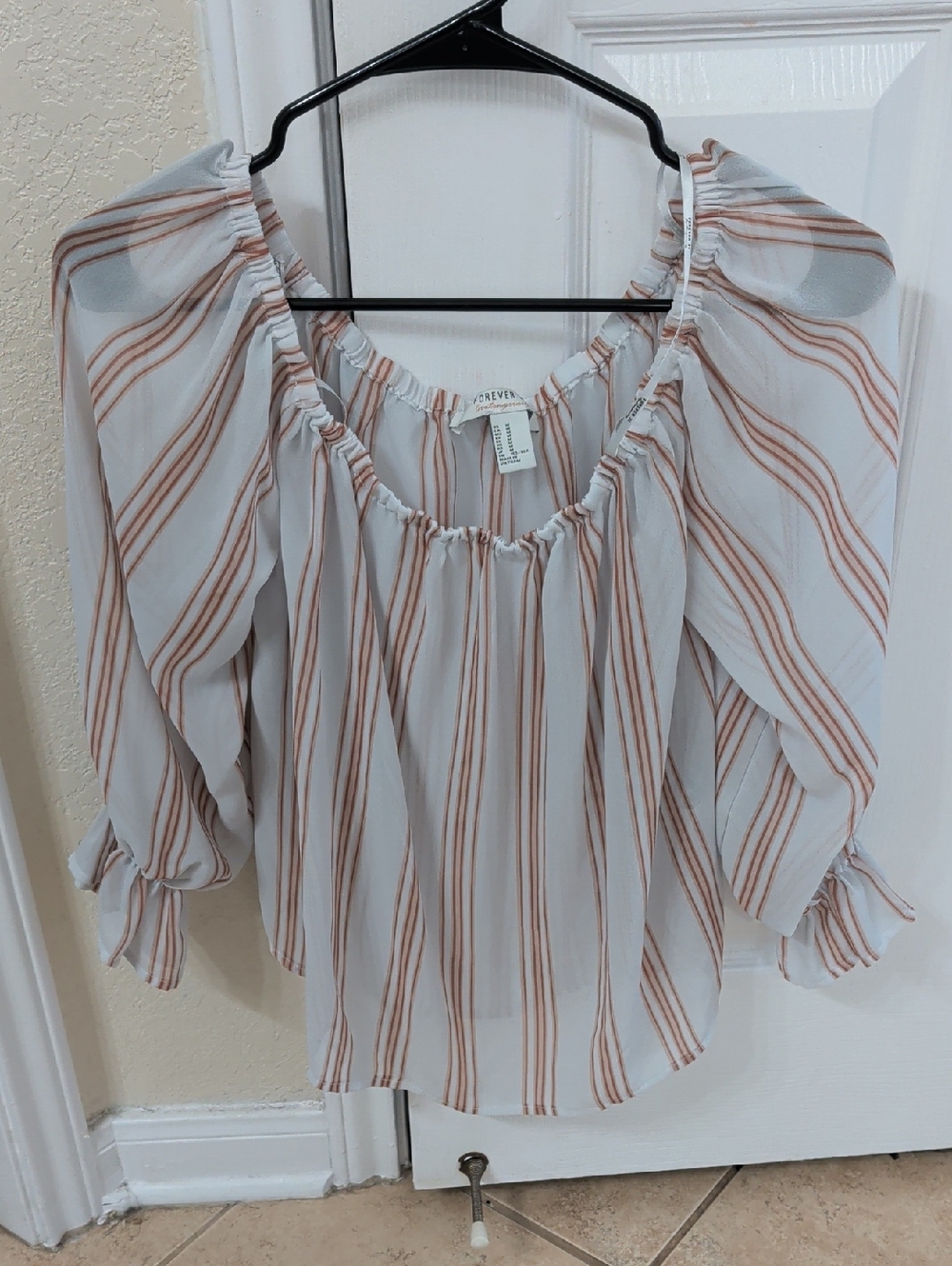 Forever 21 White Blouse with Tan Stripes Off-Shoulder